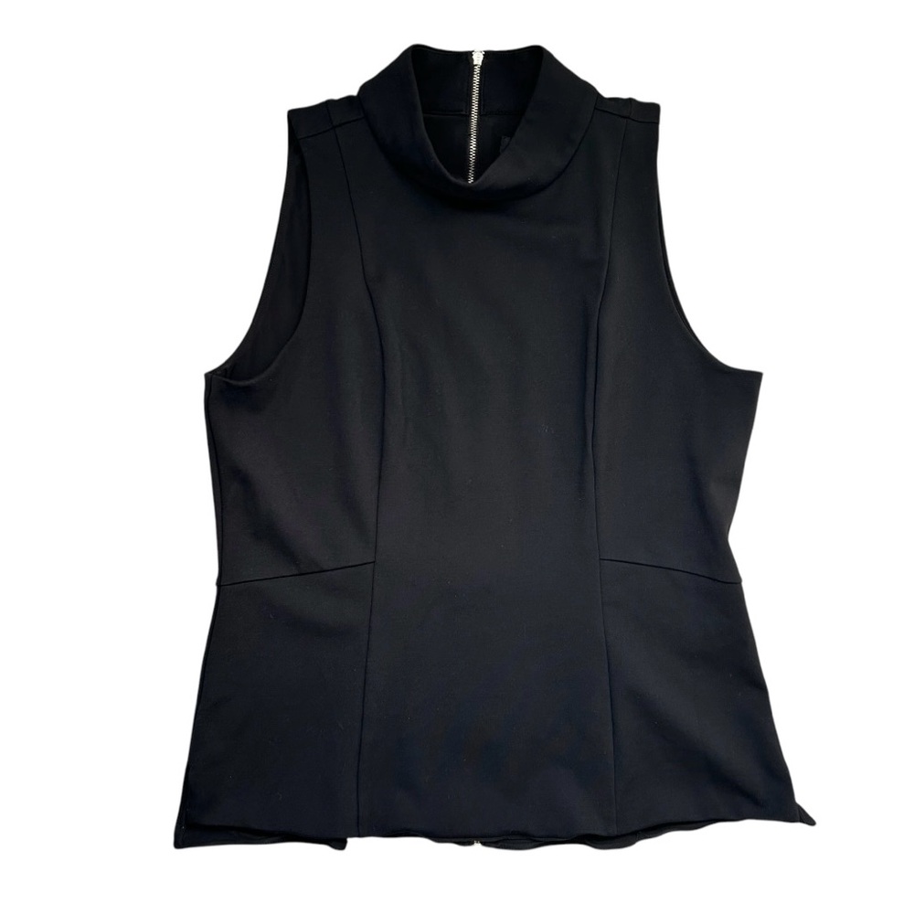 WHBM Women’s Peplum Top Black Sleeveless Mock Tneck Back Exposed Silver Zip 12